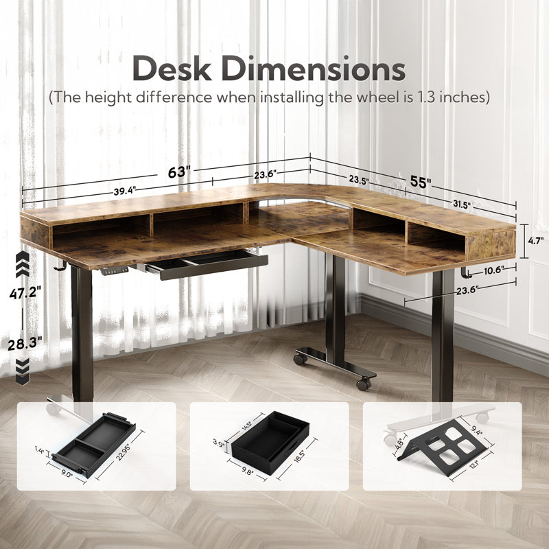 Shah Adjustable Height L-Shaped Steel Standing Desk, Brown/Black