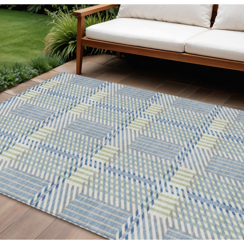Tapis extérieur lavable à carreaux bleu vert et ivoire 9 'X 12' Denim