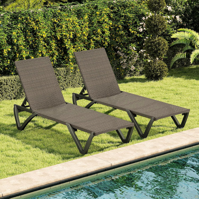 Pool Lounge Chairs Set Of 2, Wicker Adjustable Outdoor Chaise Lounge With Wheels