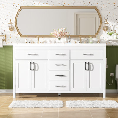 Ensemble de meuble-lavabo double autoportant transitionnel 59 po Dualwood avec cadre en bois aggloméré et lavabo en résine SMC