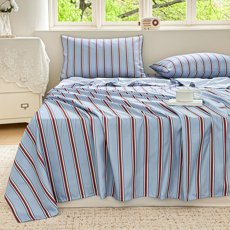 Draps en percale rayée, draps de lit en microfibre pré-lavés doux, ensemble de draps de ferme avec poche profonde, Lit simple