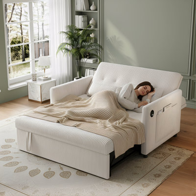 53"Sofa Bed, 3-in-1 Loveseat Sleeper Sofa with Pull Out Bed, Pockets and USB, Modern 2 Seater Convertible Small Couch for Living Room Bedroom Apartment,Corduroy Comfy Couches,Beige