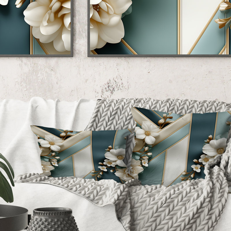 Blanc à motif floral rayé - Coussin décoratif à rayures