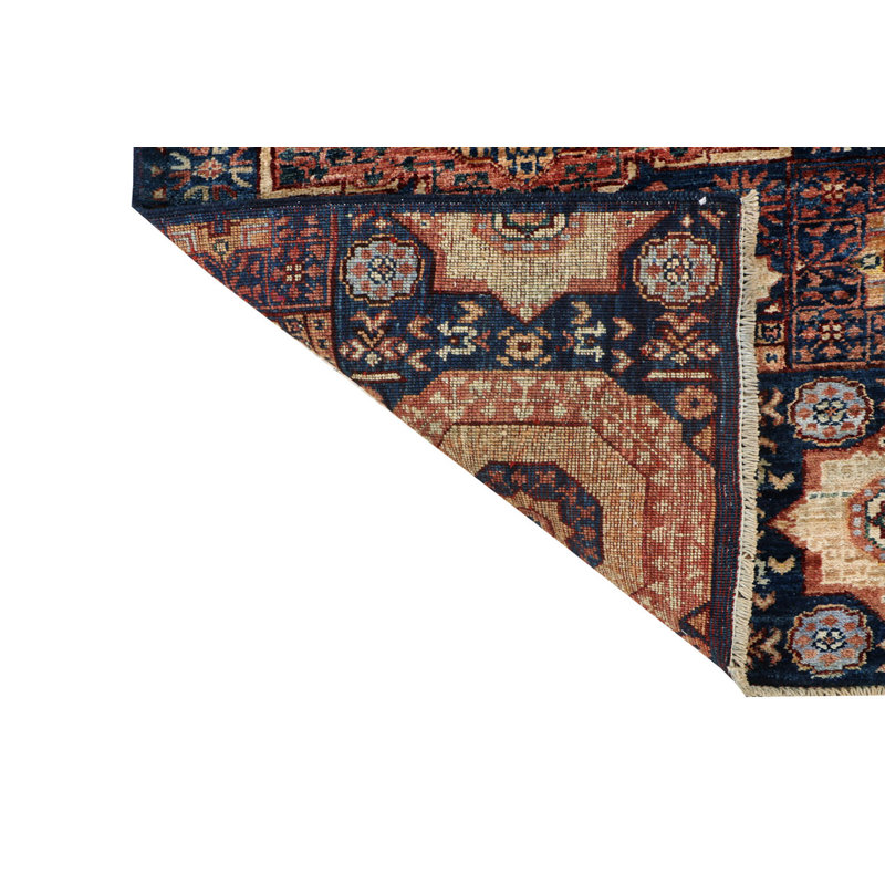 Hand-Knotted High-Quality Navy, Red, and Beige Runner