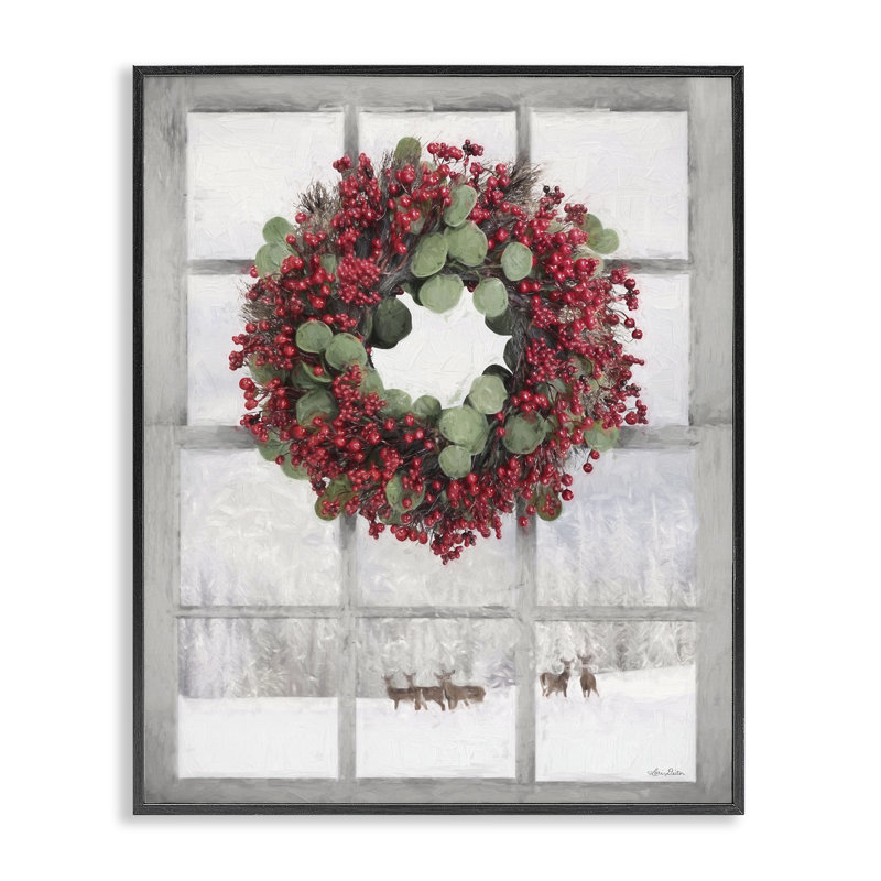 Couronne de houx et renne, art de la giclée encadrée par Lori Deiter, Giclée encadrée noir minuit, H 14 po x l 11 po