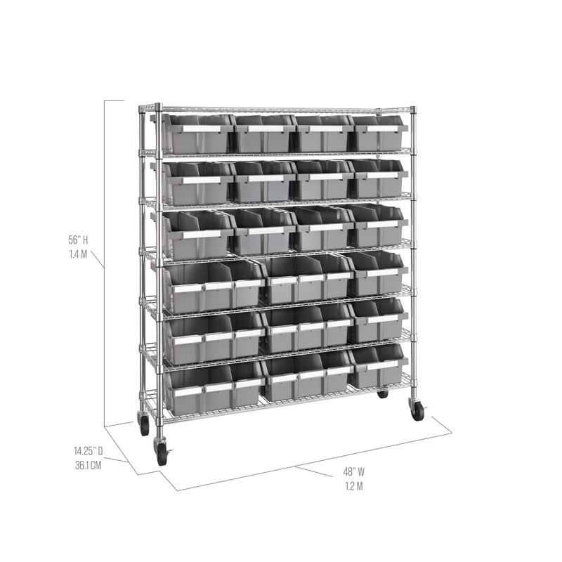 Extra-Wide Gray Steel 7-Tier Bin Rack with 21 Bins
