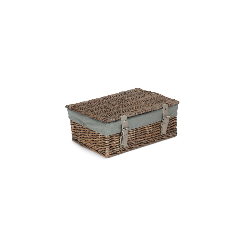 14" Wicker Picnic Hamper Basket with Lining, Antique Wash/Grey