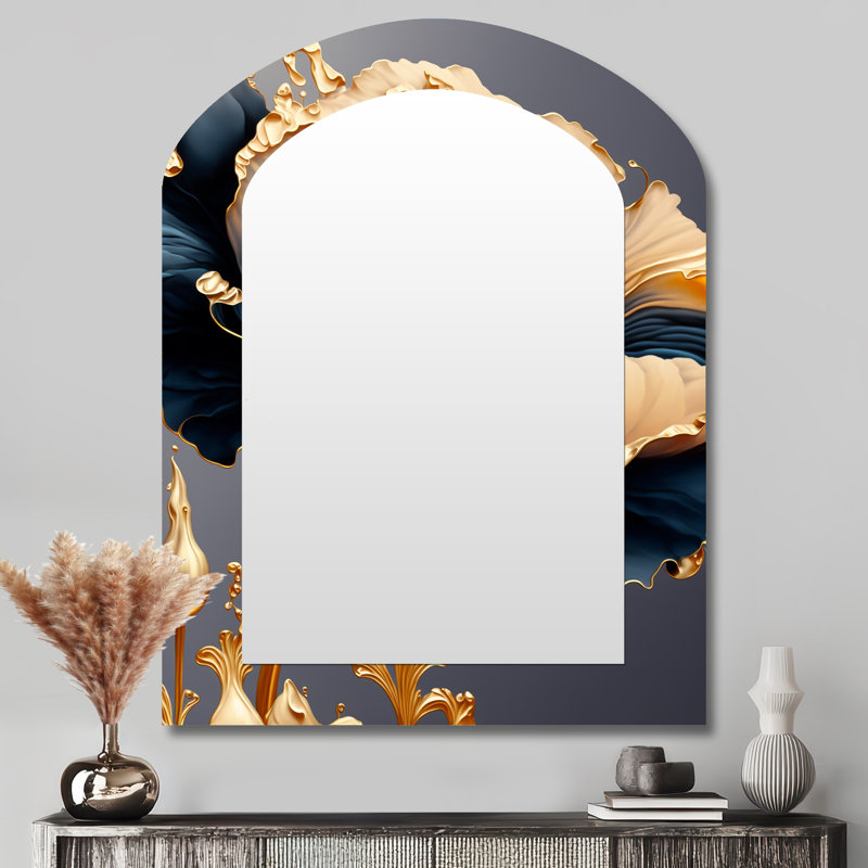 Bleu foncé et doré fleur simple VI - miroir mural unique à arche florale, miroir asymétrique traditionnel, impression d'art en métal