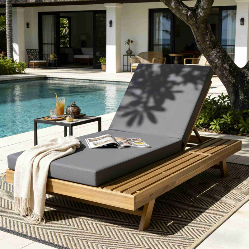 Outdoor Lounge Chaise With Water-Resistant Lounge Cushion, Dark Gray, Light Brown