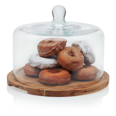 Support à gâteau rond en bois avec dôme en verre Libbey
