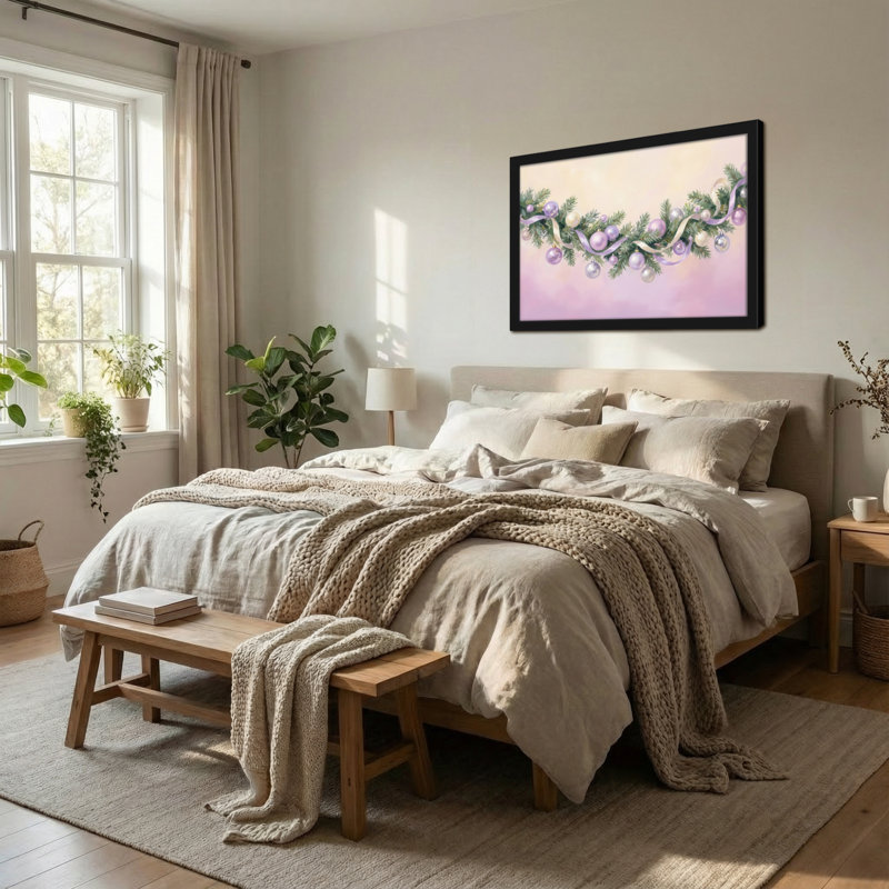 Guirlande de Noël festive avec ornements et rubans mauves, H 12 po x l 18 po