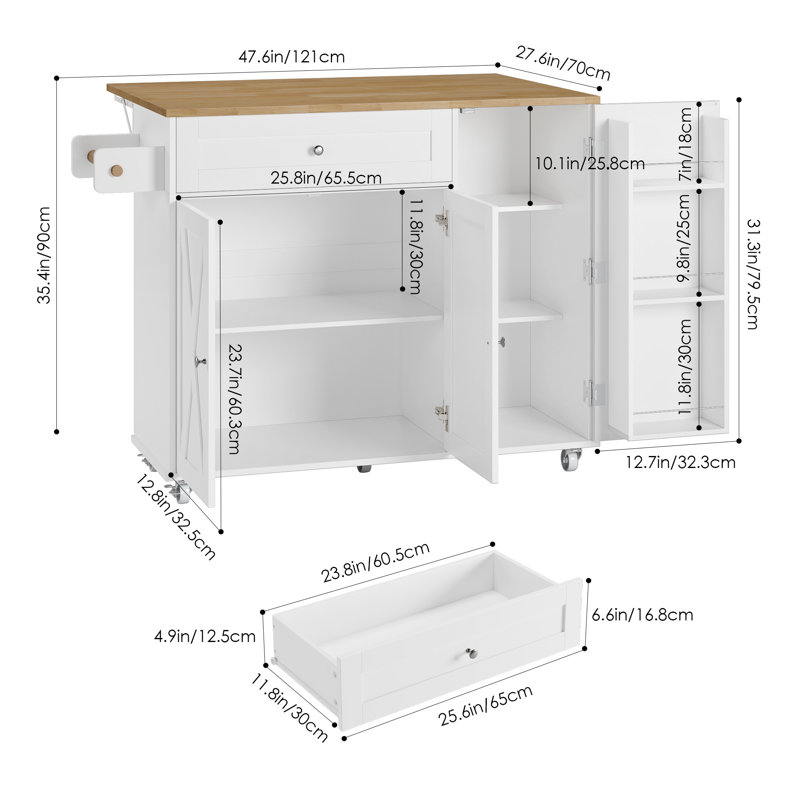Îlots de cuisine Ahlanni, chariot de cuisine mobile avec plateau en bois massif, roulettes verrouillables, porte-serviettes