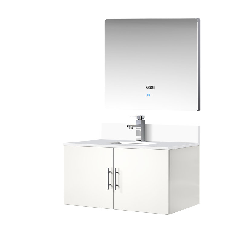 Meuble-lavabo blanc brillant 36 po x 22 po avec comptoir en quartz et robinet, miroir à DEL rayé et teinté pour une durabilité accrue W 22 P, robinet, ambiance sereine pour la salle de bain