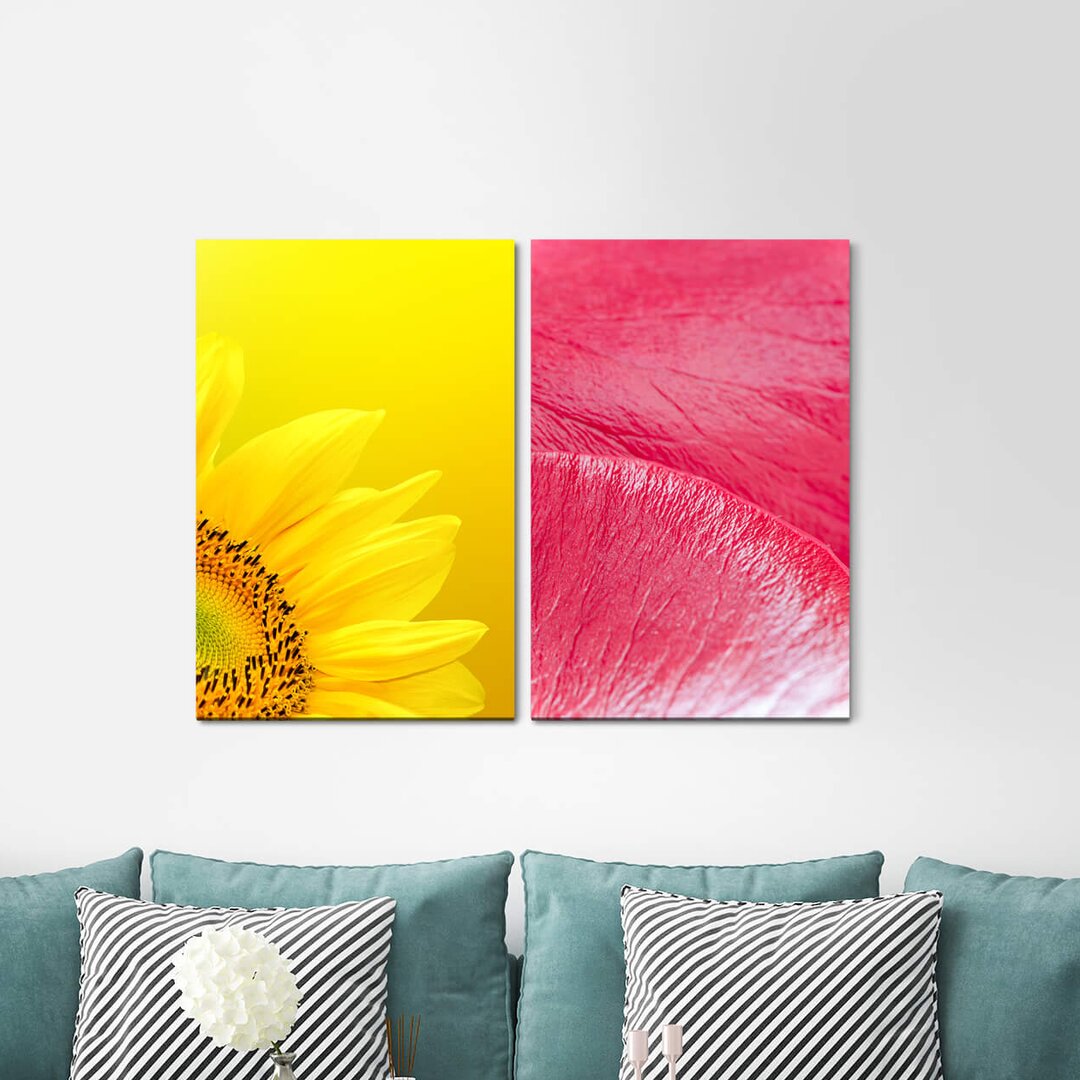 2-tlg. Leinwandbilder-Set - Grafikdruck „Sunflower Yellow Pink Blossom Warm”