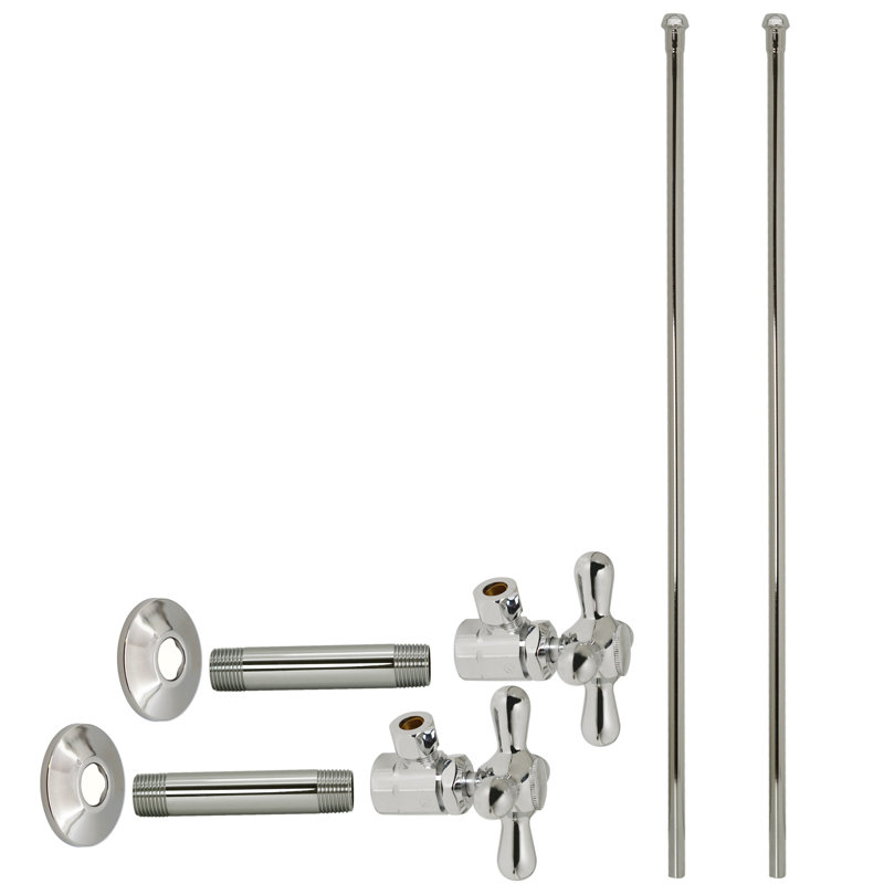 Conduites d'alimentation à robinet double 1/2 po IPS x 3/8 po x P 20 po avec robinets d'arrêt à angle en croix, Nickel poli