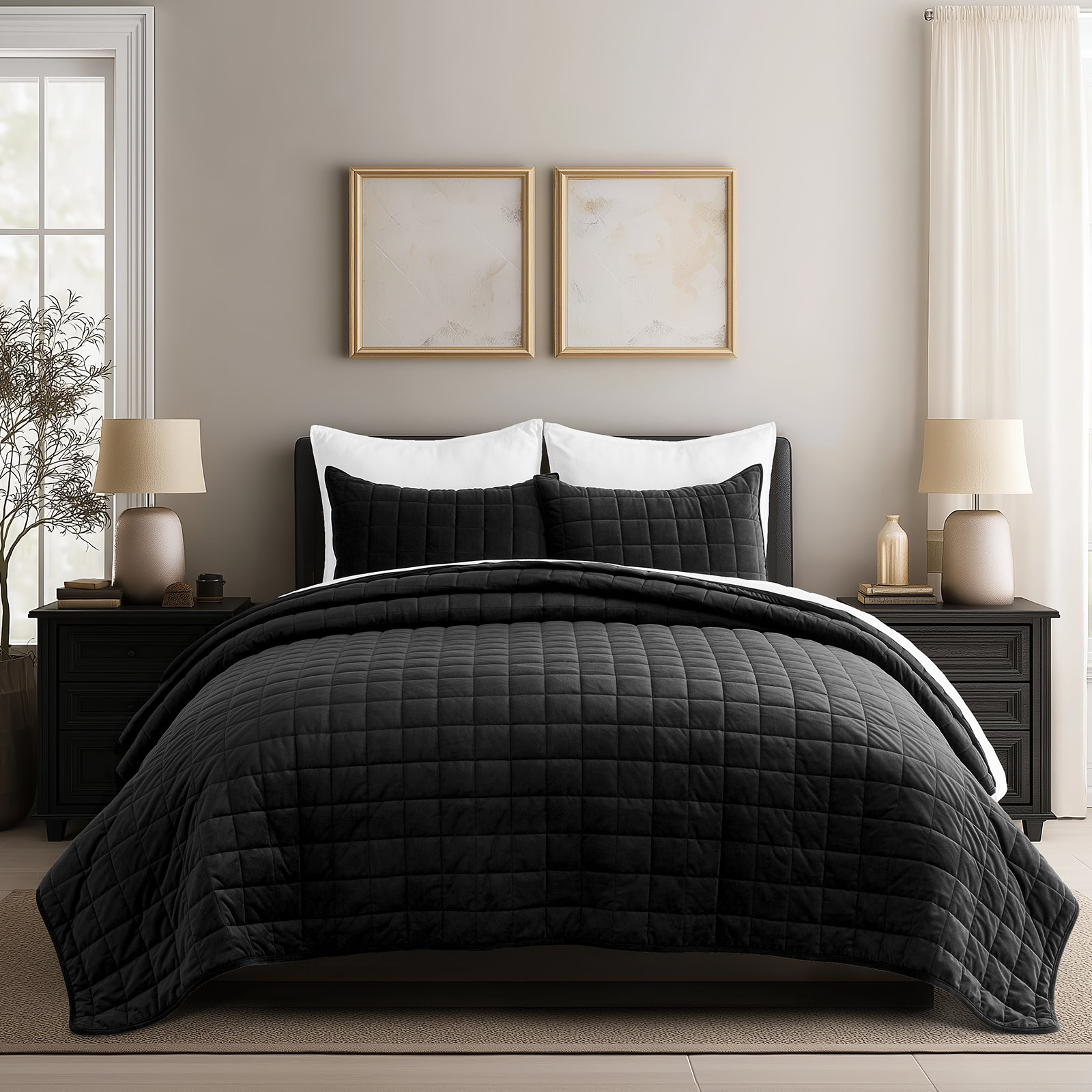 Velvet Quilt Set, King Quilt + 2 King Shams, Black