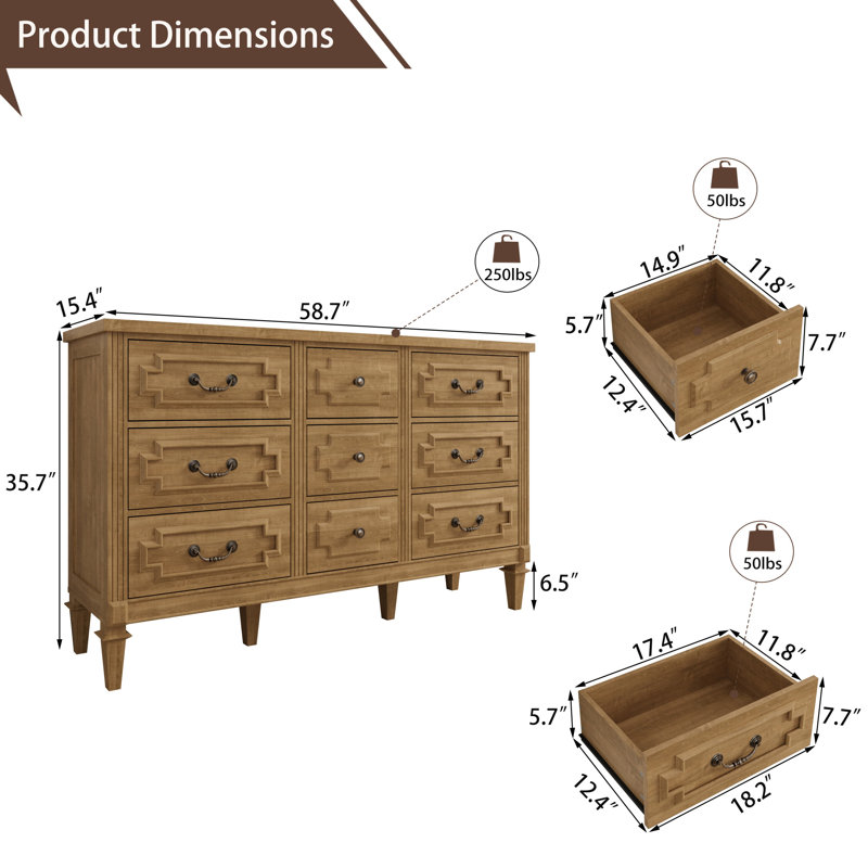 Vintage 9-drawer Dresser – Farmhouse Chest With Anti-tip Safety Kit For Bedroom, Burlywood