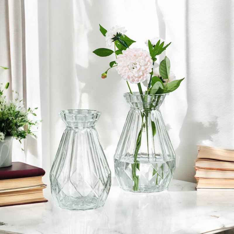 Clear Diamond-faceted Glass Vase For Flowers 4.5" W 7" H, 4