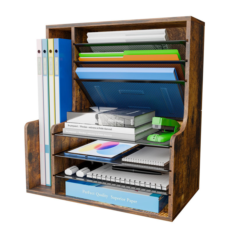 Organiseur de bureau à 7 niveaux, plateau à papier en bois avec support de dossier réglable, organisateur de bureau en maille et rangement pour fournitures de bureau