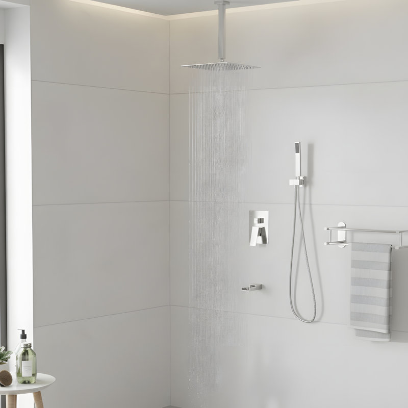 Système de douche carré de 16 pouces avec douchette cascade et douchette à fixation au plafond, Noir mat