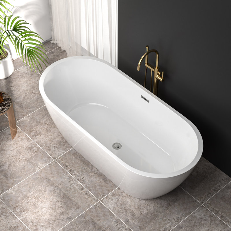 67" x 31.5" Freestanding Soaking Acrylic Bathtub with Overflow and Drain and Overflow