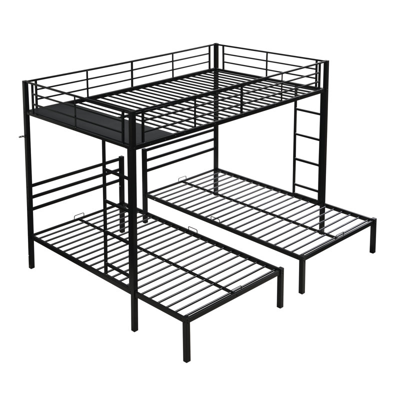 Lit superposé triple en métal noir avec rangement double, vertical, rail et rangement pour les chambres d'amis