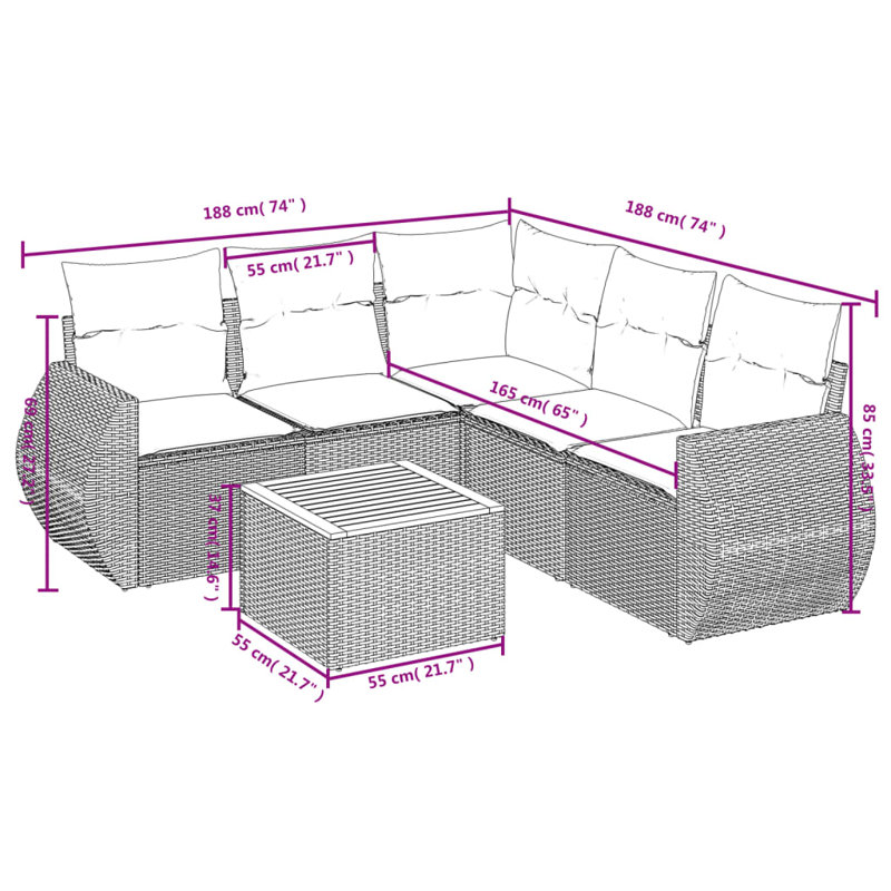  Ensemble de canapé de patio 6 pièces avec coussins en rotin de polyester gris