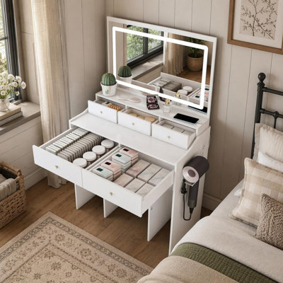 Modern Farmhouse Vanity Desk with Mirror and 3 Color Dimmable Light, Bedroom White Makeup Vanity Set with 5 Drawers Stool