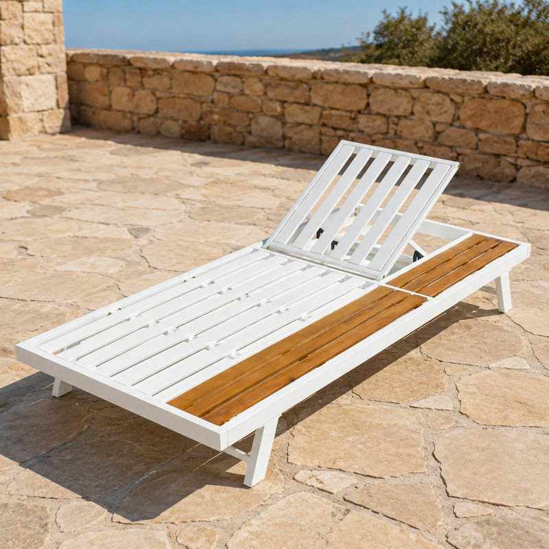 Structure de chaise longue d'extérieur avec dossier réglable à plusieurs positions, surface de rangement plate intégrée, fabrication durable de matériaux mixtes, capacité de poids de 400 lb, siège à lattes