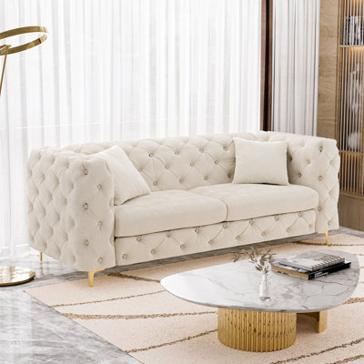  Modern Velvet Chesterfield Sofa with Deep Seat and Gold Metal Legs