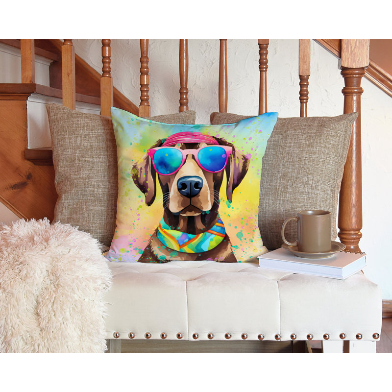 Chocolate Labrador Hippie Dawg Fabric Decorative Pillow, 14" x 14", Square