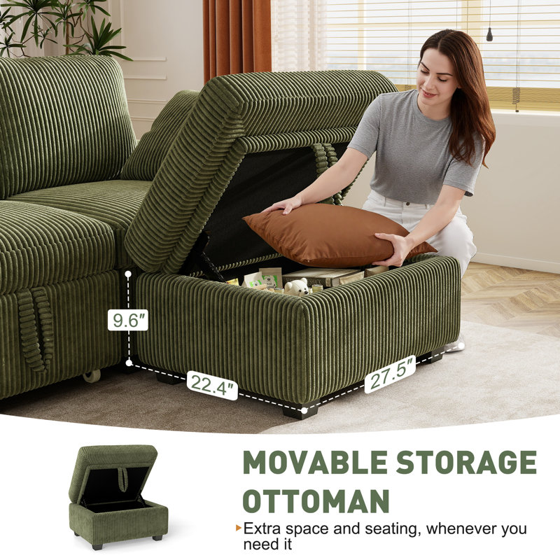 George 81" Upholstered Corduroy L Shape Modular Sectional Sleeper Sofa with Pull Out Bed and Storage Ottoman, Green