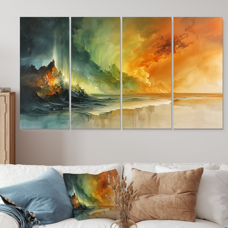 «Green and Orange Tachisme Landscape III - Tachisme», ensemble d'art sur toile, H 32 po x l 64 po