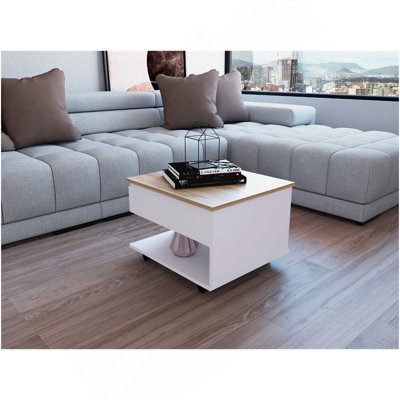 Table basse à plateau relevable, roulettes, une tablette, blanc / chêne clair