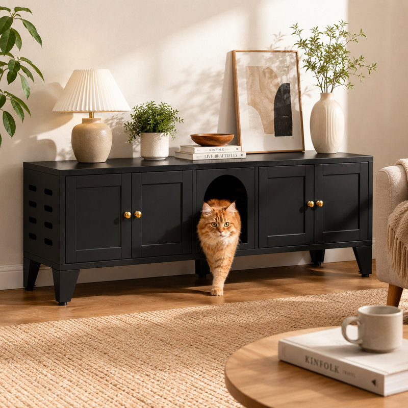 Enceinte de litière pour chat 58 po en métal avec meuble télé et ventilation pour 2 chats