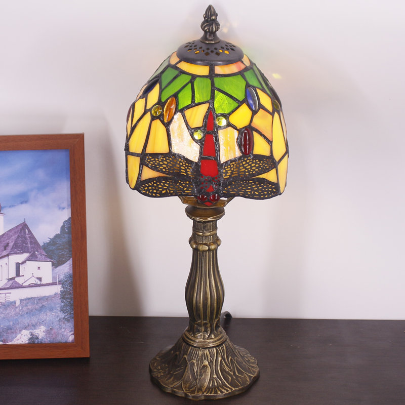 Small Tiffany Lamp Mini Stained Glass Accent Table Lamp Dragonfly Style 6X14.6 Inch, Yellow/Green