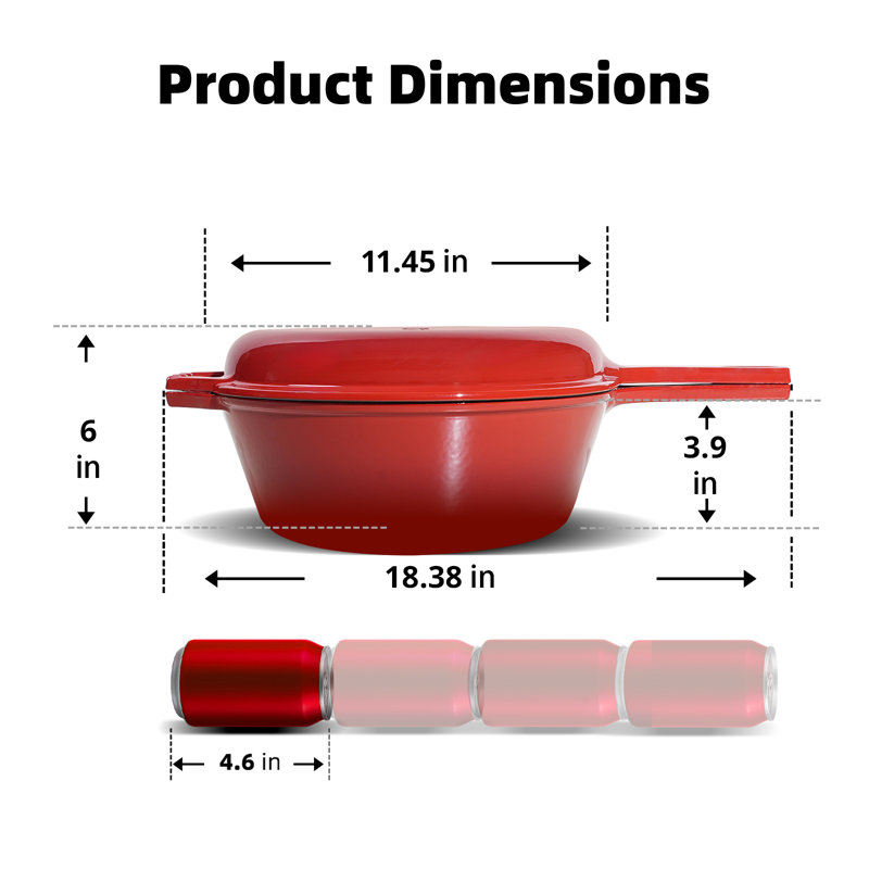 Cocotte double en fonte émaillée HomeVSS de 6,5 litres avec couvercle et double poignée – Ustensiles de cuisine 2 en 1, Rouge