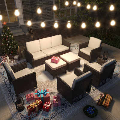 7-Piece Outdoor Wicker Sofa Set - 2 Single & 2 Swivel Chairs, 1 Three-Seat Sofa, 2 Ottomans, All-Weather High Back with Comfy Cushions by Hokku Designs
