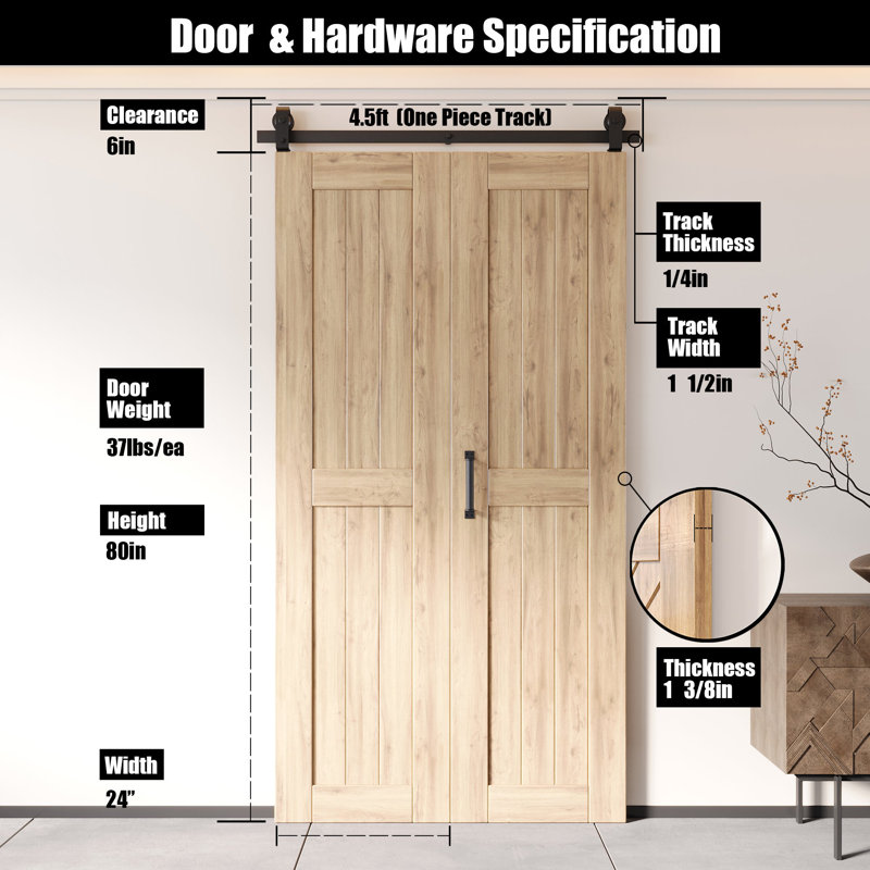 Porte de grange non assemblée et non finie de 80 po de hauteur, deux portes de 24 po x 80 po avec quincaillerie de fixation supérieure pliable Homacer