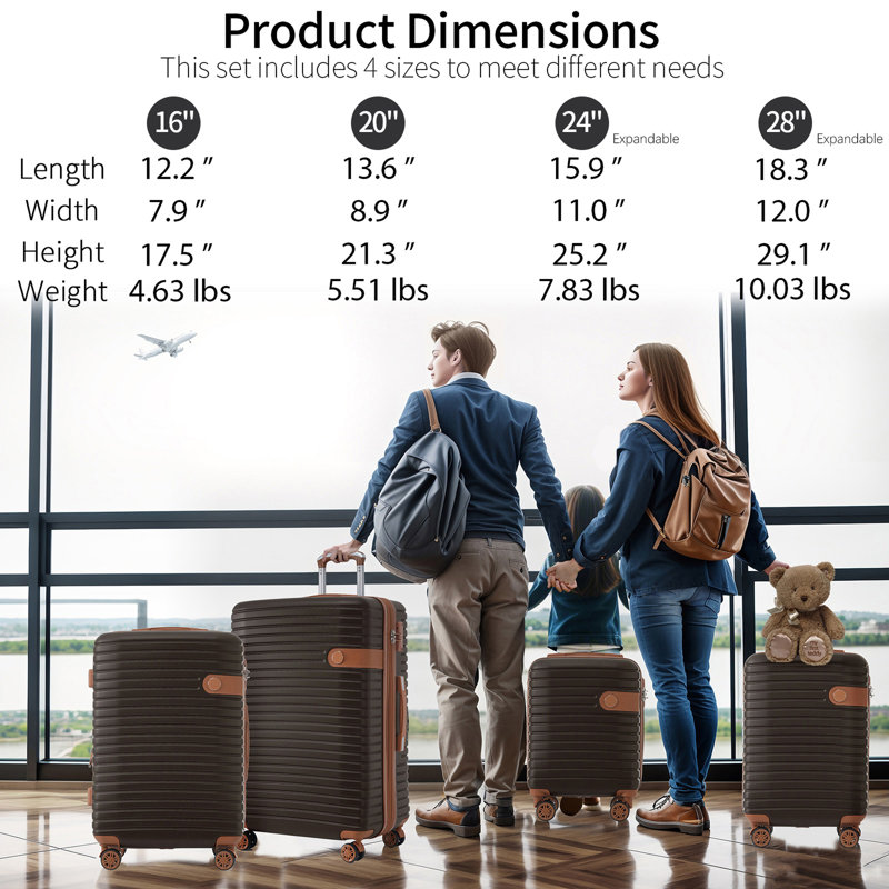 Ensemble de valises 4 pièces, valise rigide extensible en ABS avec 4 cubes de rangement, serrure TSA, roues pivotantes pour hommes femmes (16/20/24/28)