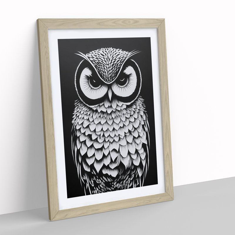 Owl Monochrome No.5 - Framed Print, 64cm H x 46cm W x 2cm D, Oak
