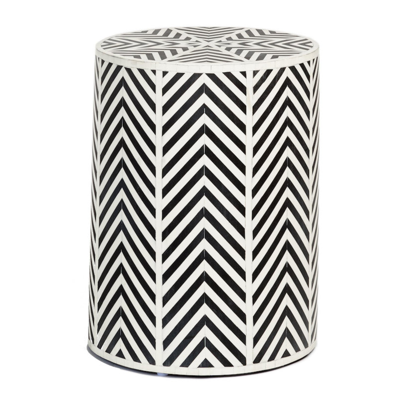Eclectic Black and White Patterned Bone Inlay Side Table, 5.85" H x 21.45" W x 21.45" D