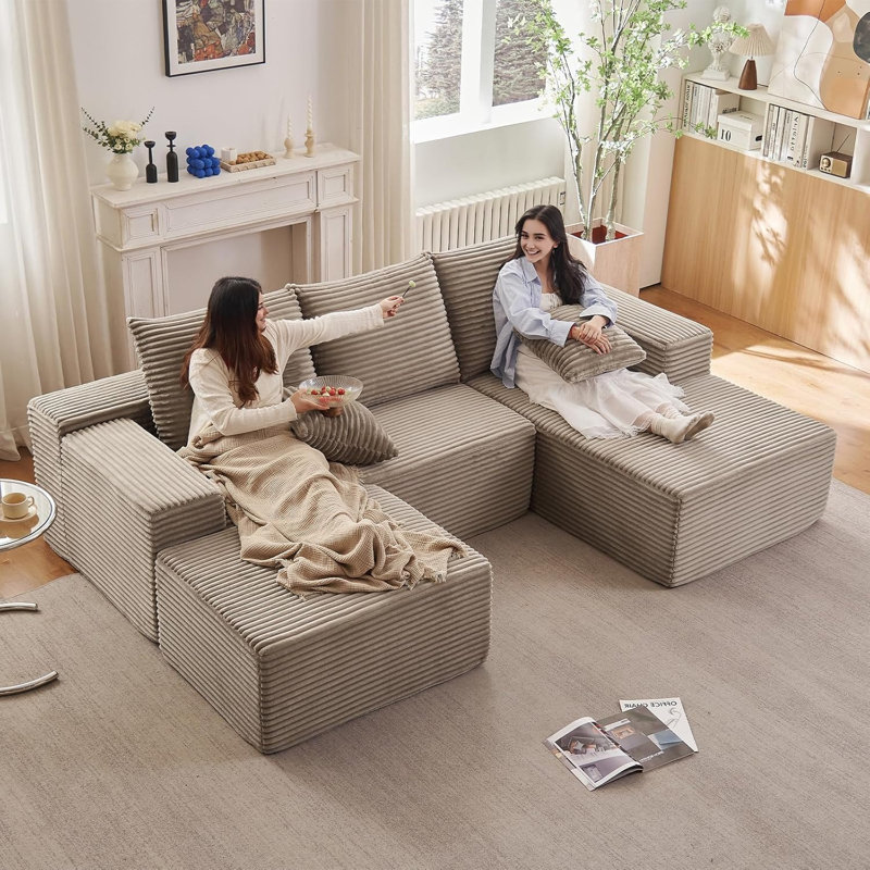 Canapé en L 107 po avec repose-pieds, canapé modulaire moderne en U confortable en forme de U, siège profond, méridienne rembourrée en velours côtelé pour salon, sans assemblage requis, noir