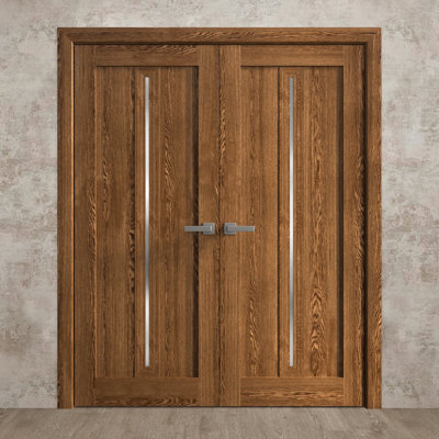 Portes doubles françaises intérieures pleines 36 x 96 pouces Ego 5014 en chêne cognac, cadre à panneaux pleins, portes modernes pour placard et chambre à coucher