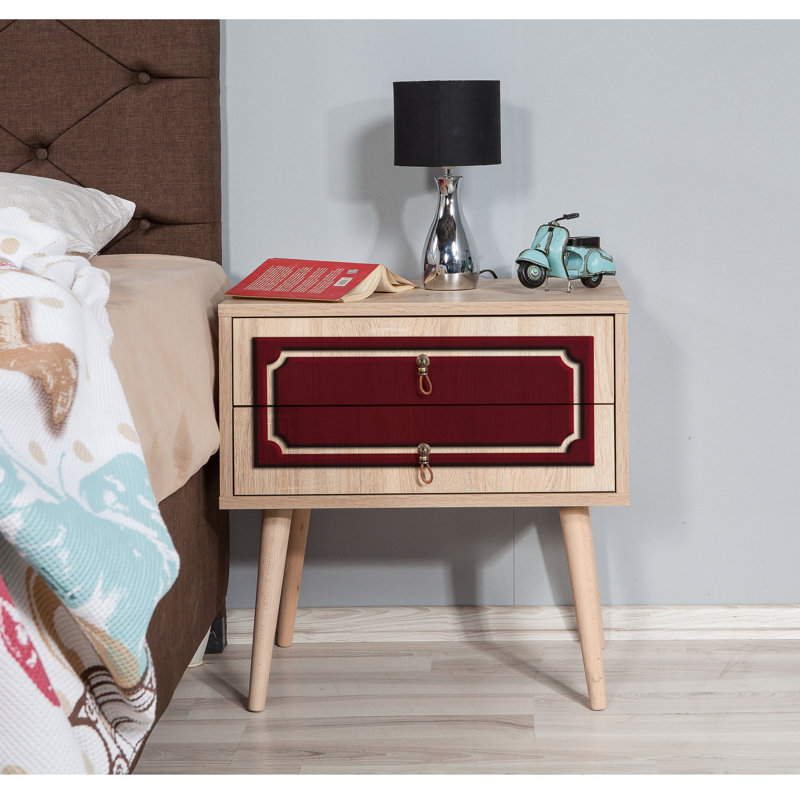 Table de chevet 2 tiroirs Kira, Noyer / rouge