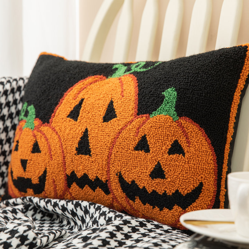 Handmade Black Halloween Pumpkins Rectangular Throw Pillow