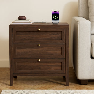 Farmhouse Nightstand With Build-In Power Strip For Bedroom, Living Room