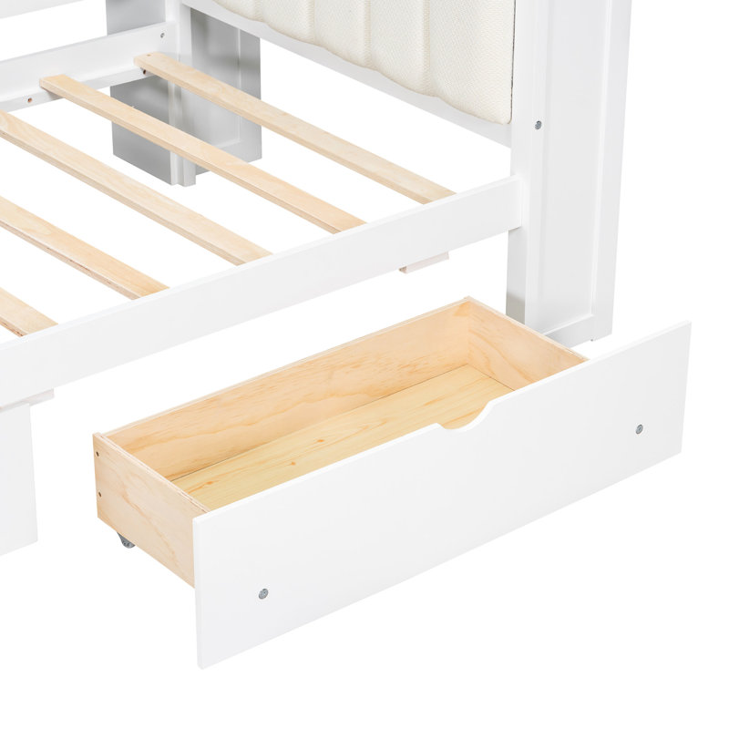 Lit plateforme simple en bois avec tête de lit tapissier, rangement spacieux, fonction de charge, DEL à 7 couleurs, bureau et tête confortable avec coussin blanc et beige, tablettes de rangement, tiroirs, charge, construction à DEL