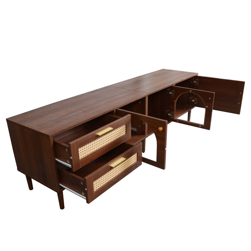 TV Stand with 3 Cabinets & 2 Drawers, Rattan-inspired Media Console Table for TVs up to 80'', Dark Brown