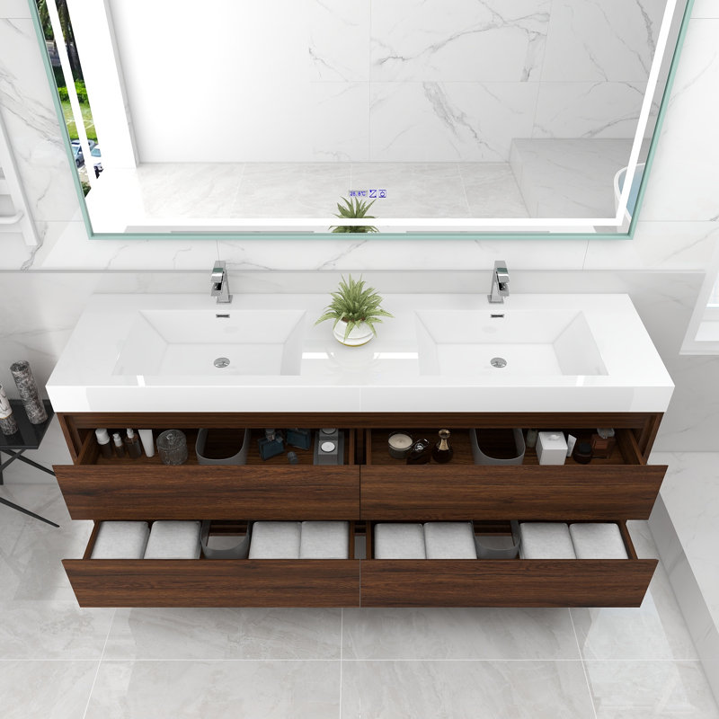 72'' Double Bathroom Vanity with Acrylic Top, Rosewood